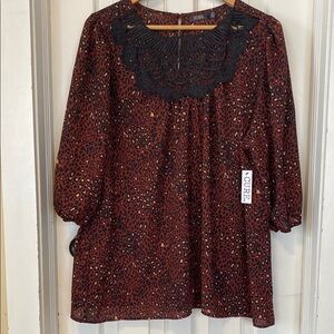 Cure New With Tags Rust Leopard Print Blouse With Sheer Mesh Crochet Neckline